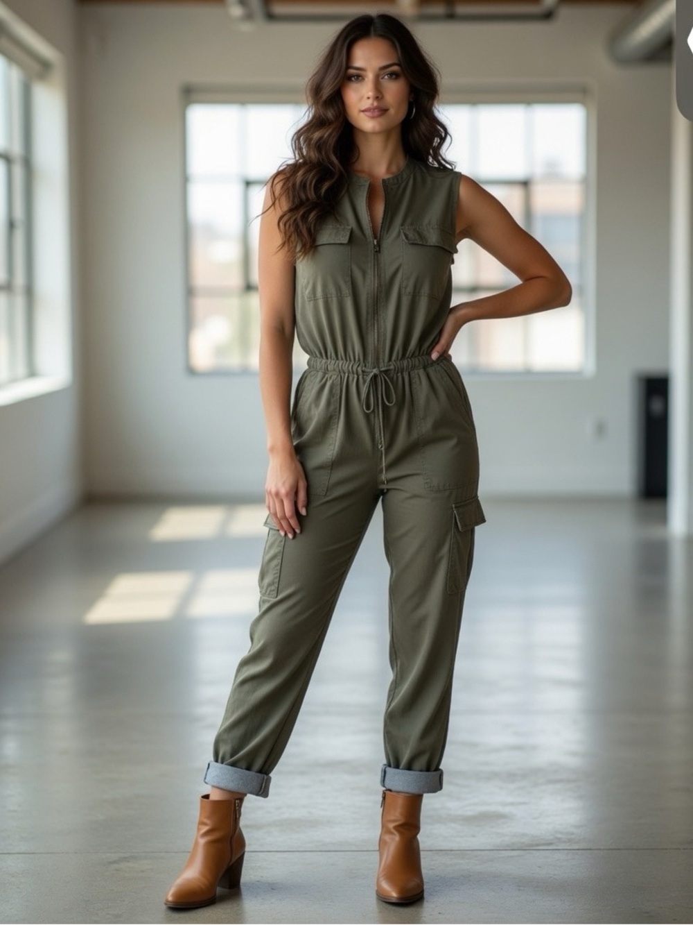 Anthropologie Elevens Sleeveless Utility Jumpsuit Zippered - Olive SP Petite